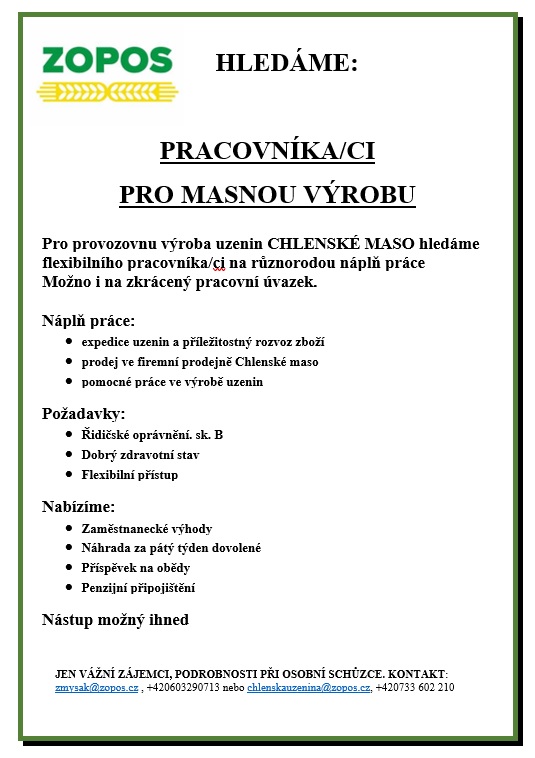 Nabídka práce – Pracovník/pracovnice pro masnou výrobu